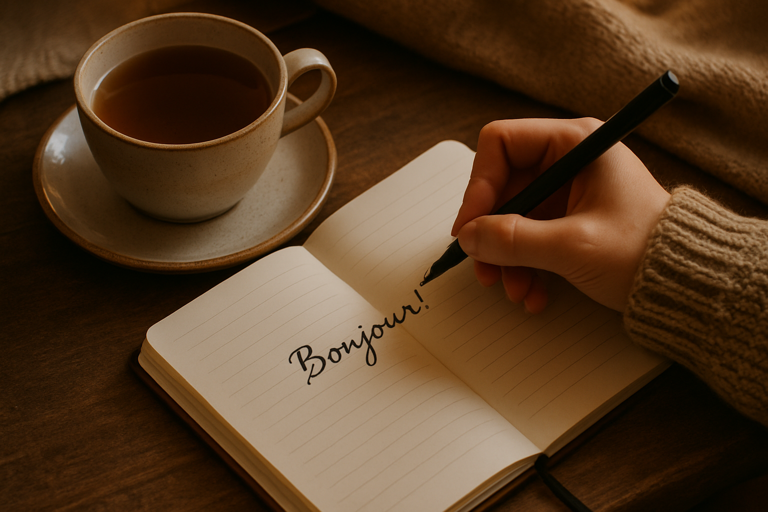 Main écrivant un message sur un carnet posé près d'une tasse de thé