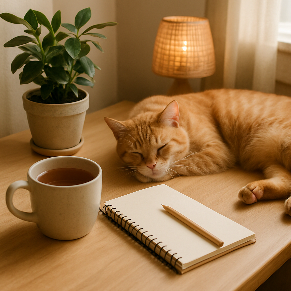 Bureau cosy avec une tasse de thé, un carnet, une plante et un chat endormi