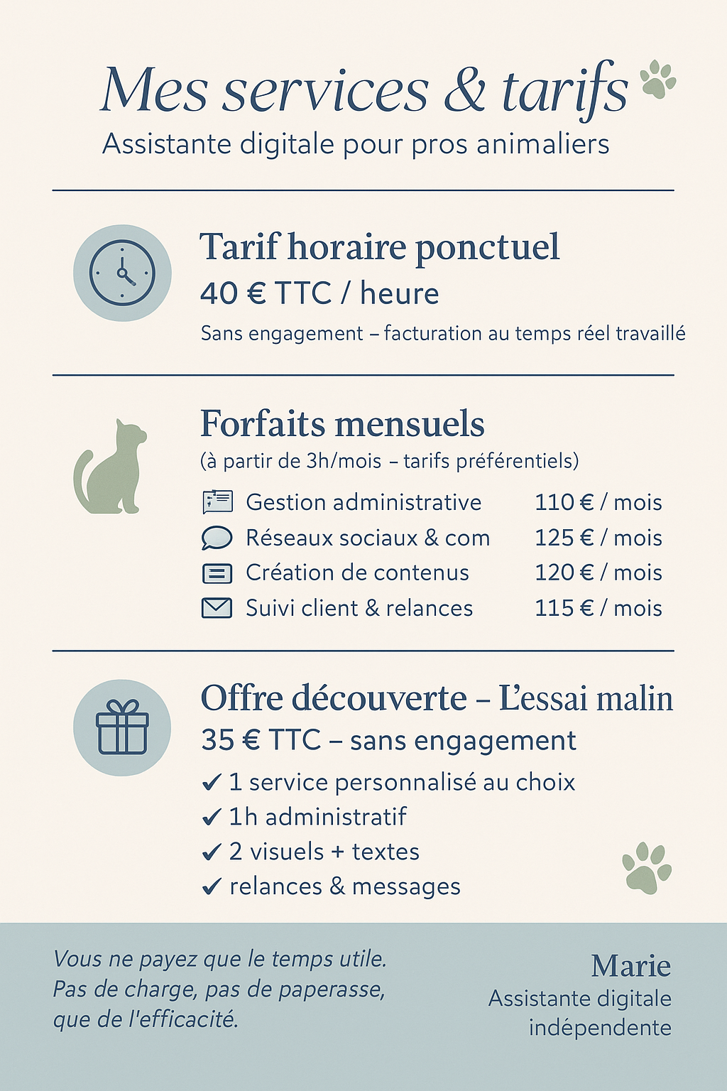Services et tarifs - Assistante digitale pour pros animaliers